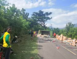 TRUK PENGANGKUT OBAT PERTANIAN TERGULING DI PAJO, POLISI SIGAP AMANKAN LOKASI