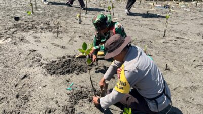 Bhabinkamtibmas dan Babinsa Desa Tanjung Luar Tanam Bibit Mangrove, Ajak Warga Jaga Kelestarian Pantai