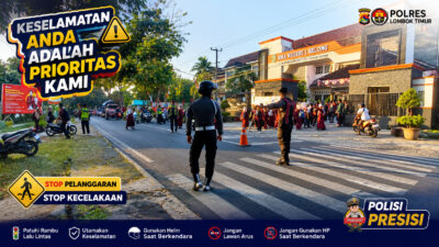 Personel Polres Lombok Timur Hadir Amankan Aktivitas Pelajar di Jalan Raya